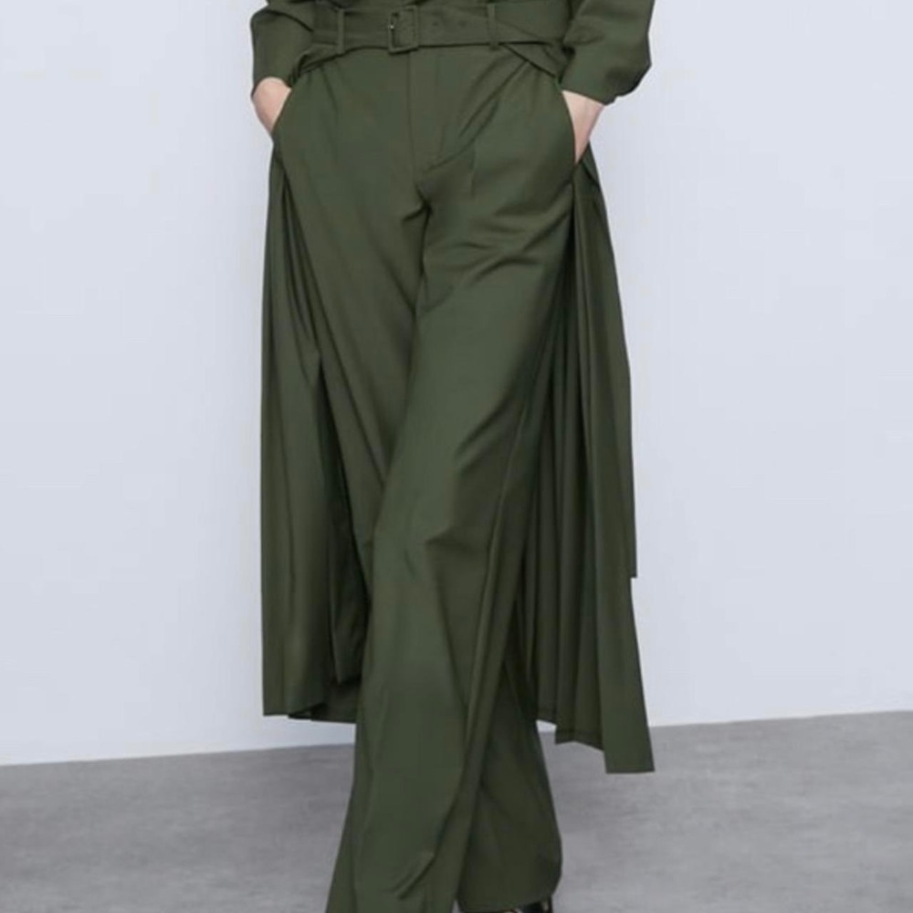 Zara Olive Green High Waist Trousers with Detachable Pleated Skirt Belted XS NEW